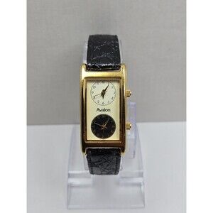 Vintage Avalon Dual Time 22mm Tank Gold Tone Leather Dress Watch New Battery